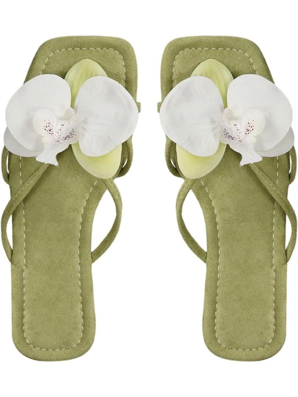 Women's Green Flower Flat Sandal Cute Beach Square Toe Summer Floral Shoes